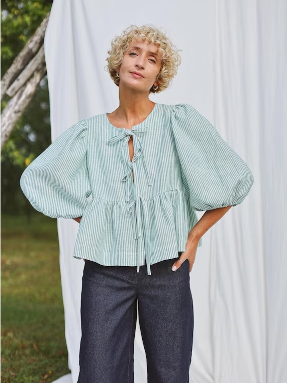 Tie-Front Puff-Sleeve Blouse in Mint Stripe